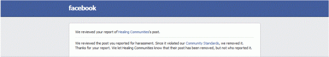 "Healing Communities" Facebook Violation